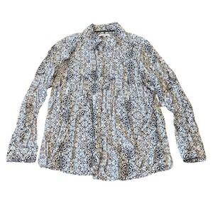 Foxcroft Button-Up Shirt Women Size 12 Navy White Easy Care Top Patterned Office